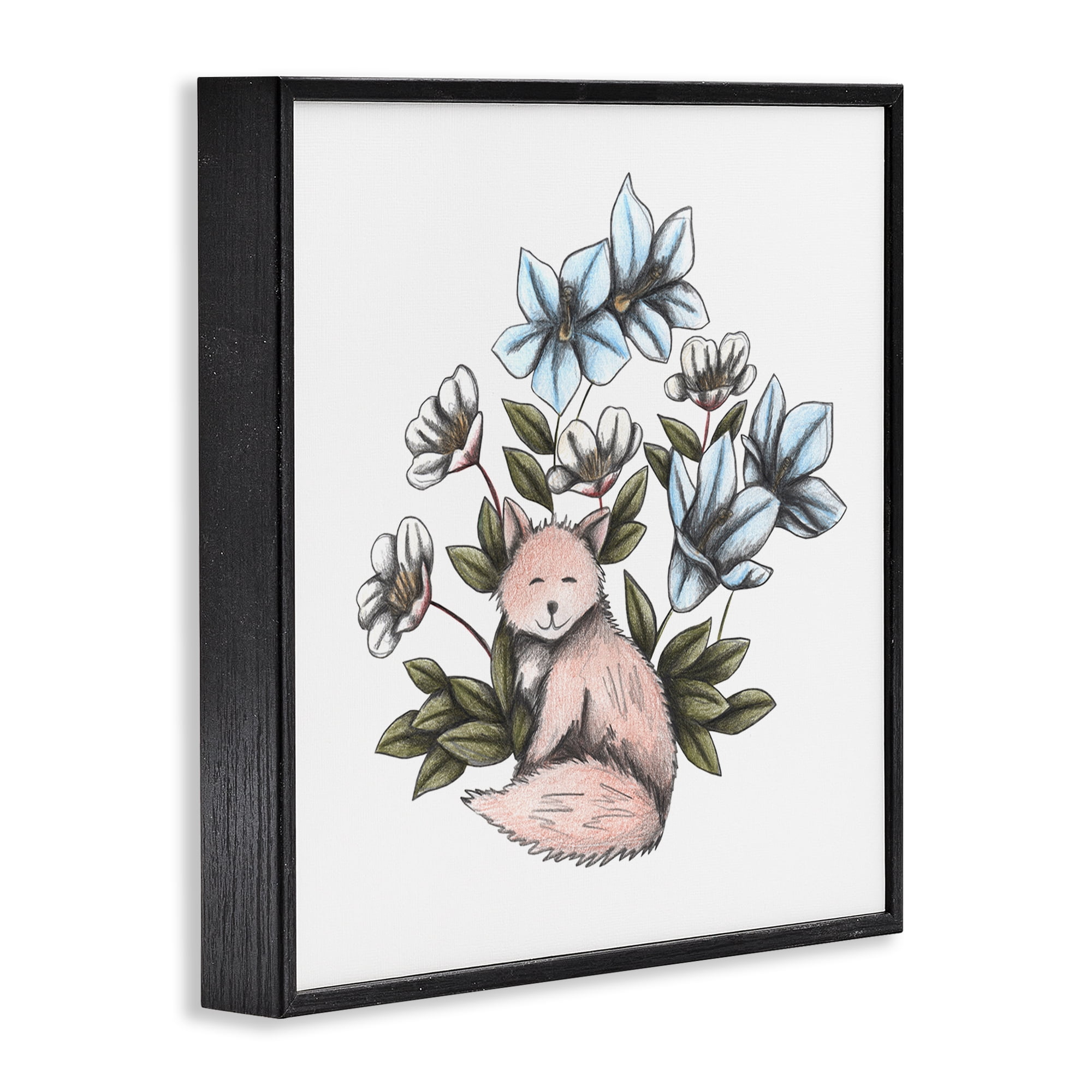 Gentle Fox with Flowers Black Framed Giclee Art, design by Cecilia Battaini