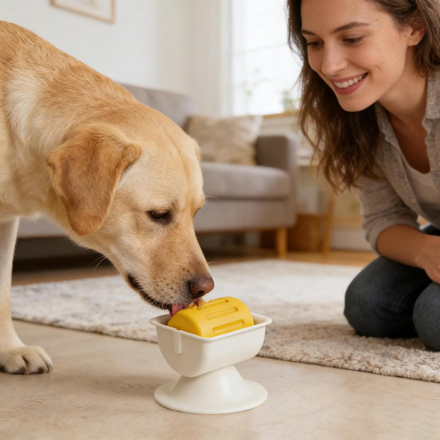 Slow Feeder Dog Bowl, Anti-Slip Rolling Core, Yellow, For All Breed Sizes