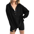 thumbnail image 2 of AXXD Black Basic Casual Tops for Women Summer 2024 Casual Solid Color Hooded Button Round Neck Long Sleeved Loose Top, 2 of 6
