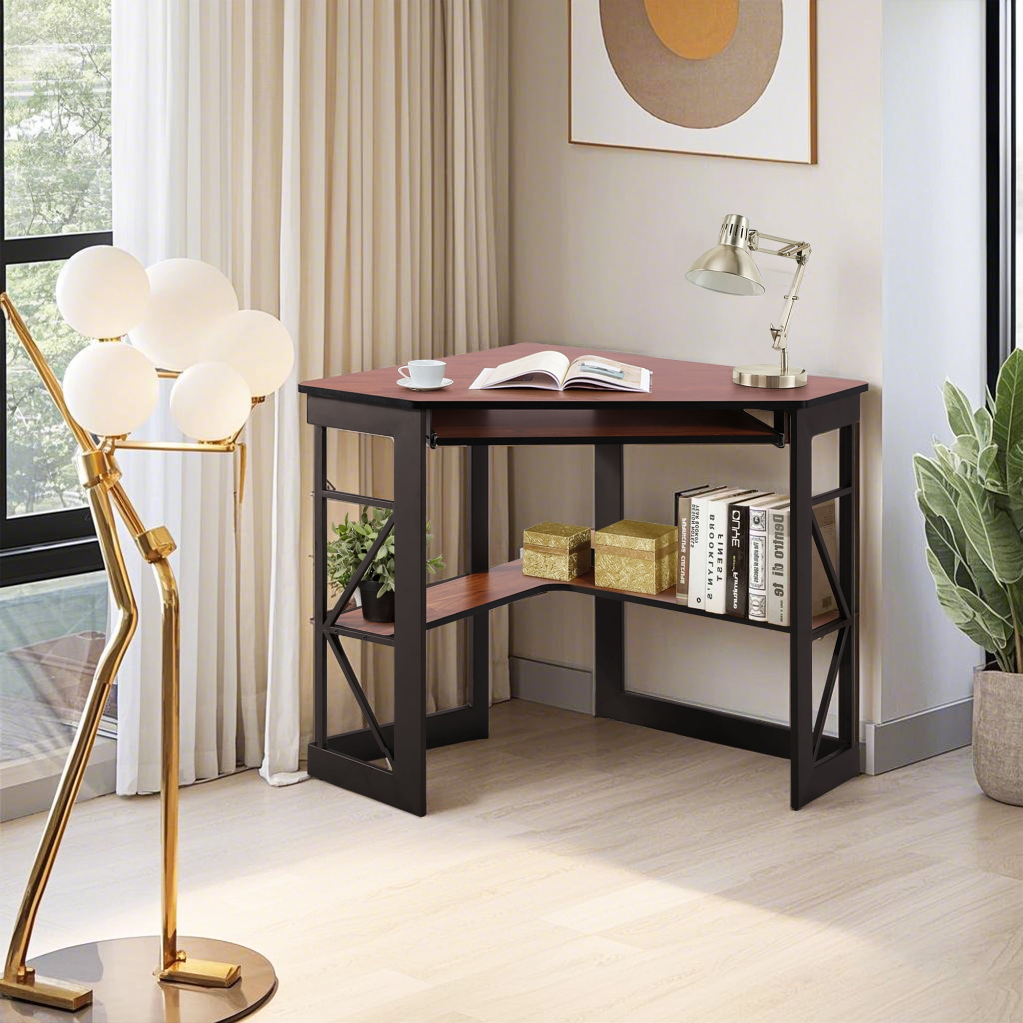 VECELO Corner Desk 41"x30" With Charging Station, Keyboard Tray & Shelves - Rustic Brown Home Office Desk
