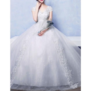 Unomatch Junior V Neck Short Sleeves Ball Gown Wedding Dress