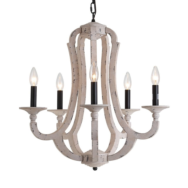 5-Light 300W 110V Rustic Wrought Iron Chandeliers, Vintage Style Candle Chandeliers, 22.5 inch Wide Farmhouse Pendant Lighting, for Dining Rooms, Bedroom, Foyer, Kitchen, Distressed White and Black