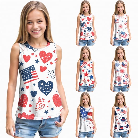 YDFCWXW Girls 4th of July Red White Blue Fourth of July Patriotic Tank Top July 4th Independence Day Clothes (Dark Blue, L)