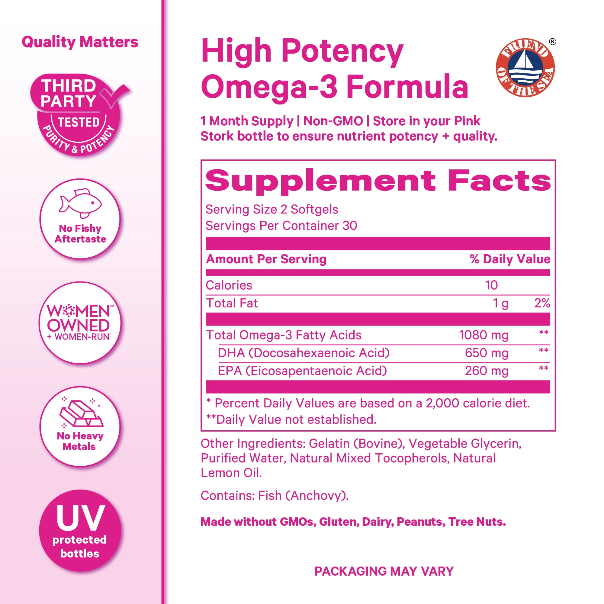 Pink Stork Omega 3 Fish Oil Supplements DHA and EPA for Cognitive Health- 60 Softgels