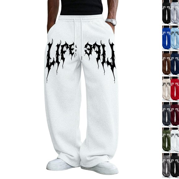 Men's Gothic Letter Graphic Wide Leg Sweatpants Elastic Waist Drawstring Loose Fit Hip Hop Street Casual Baggy Trousers for Everyday Outfit White S