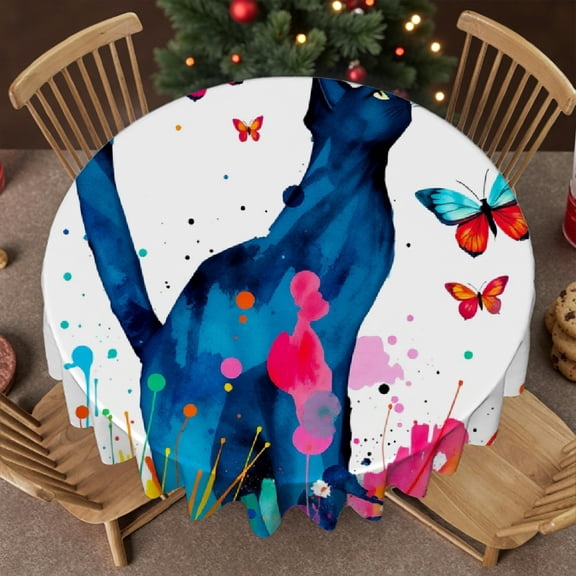 RKSupls Round Tablecloth - Watercolor Cat Butterfly Microfiber Table Cover - Soft, Stain Resistant & Washable Decor for Wedding, Party, Holiday, Home Dining, 60x60inch