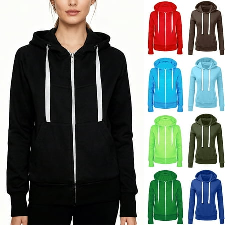Fatuov Sweatshirts for Women Plus Size Lightweight Hoodies with Zipper Casual Sweatshirts for Fall Winter Fashion Long Sleeve Solid Color Drawstring Outerwear with Pocket