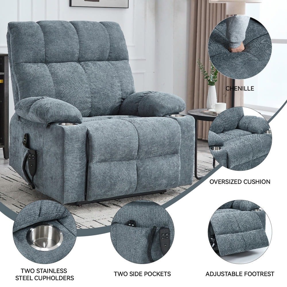 Resenkos Recliner 24.5" Wide with Dual Motors, Massage & Heat, Cup Holders, 350lb Capacity, Gray-Blue