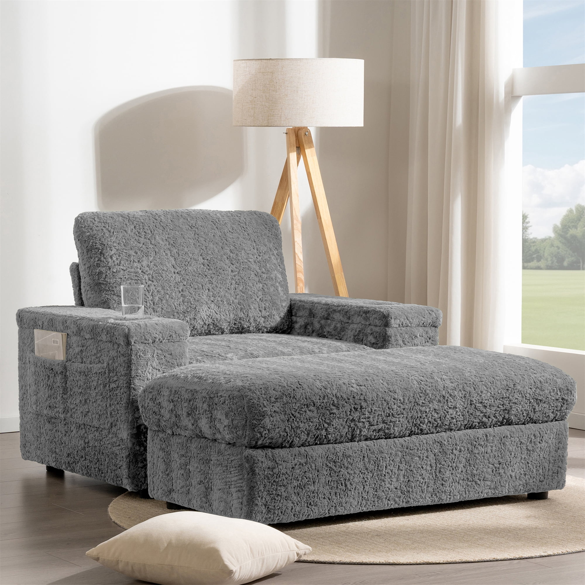 Aukfa 43 inch Chaise Lounge w/ 2 Cupholders, Storage Ottoman, Plush Chair Bed for Living Room, Gray