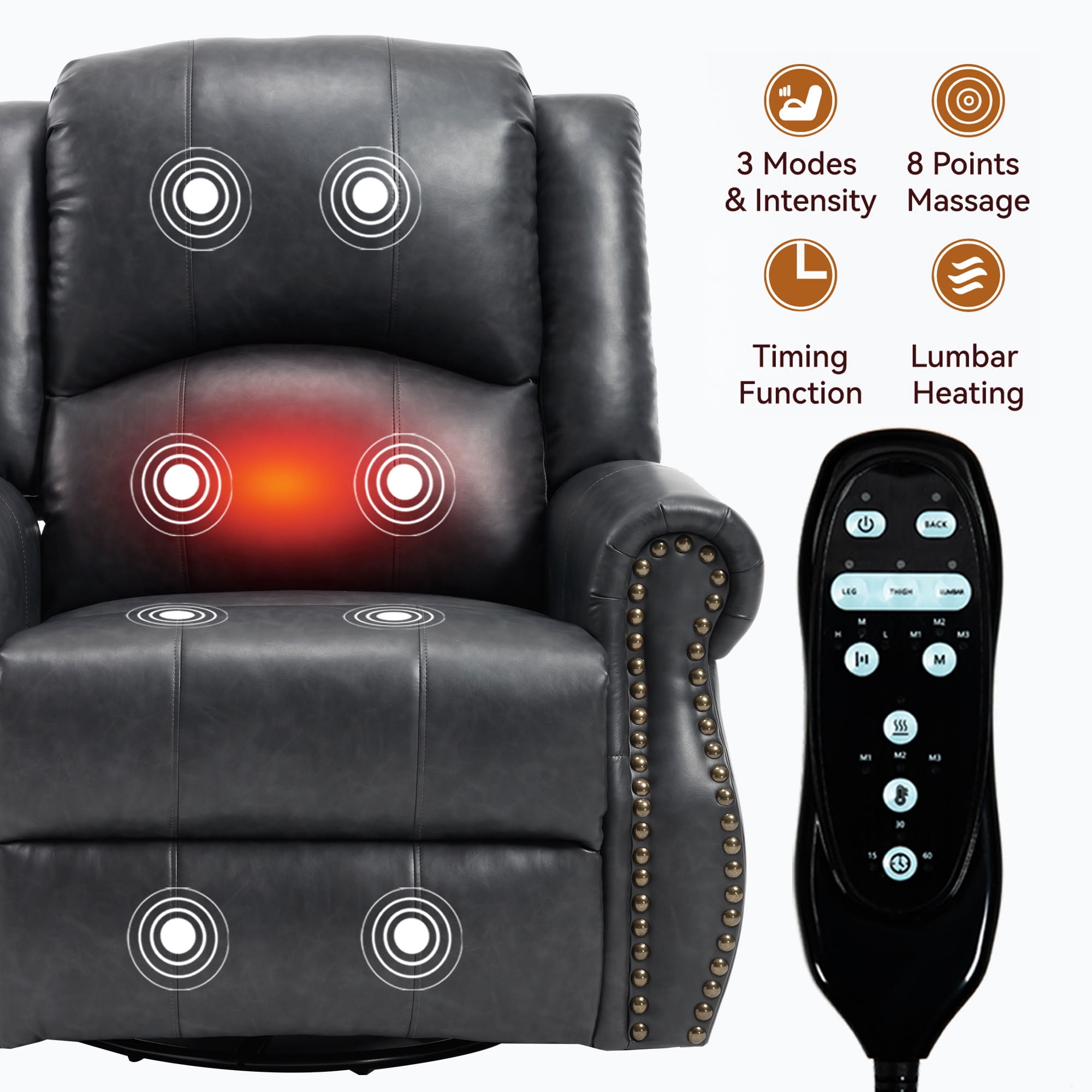 MAYEERTY 360 Degree Swivel Rocker Recliner Chair, Leather Manual Recline Glider Armchair with 8-Point Vibration Massage & Lumbar Heat, 350 LBS Capacity for Living Room Home Theater