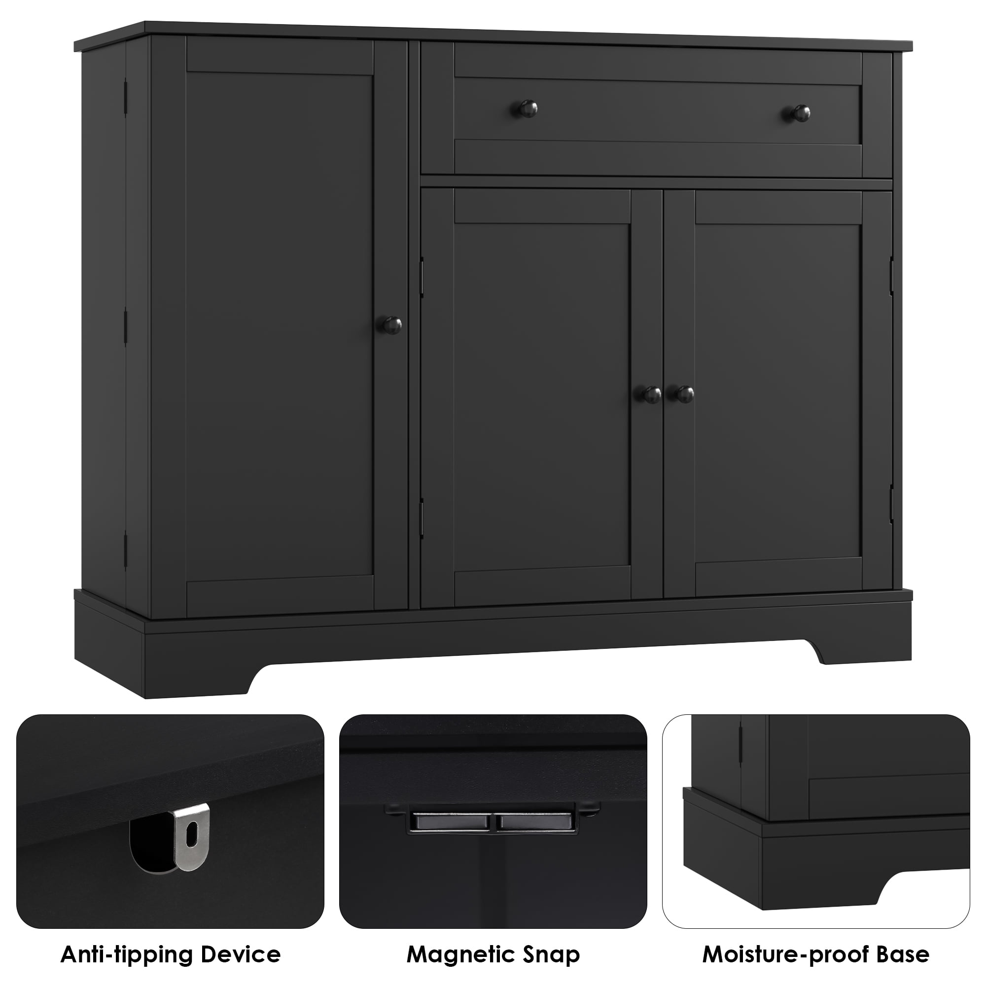 Homfa Sideboard Buffet Cabinet with Drawer, 3 Doors Kitchen Storage Cabinet with Adjustable Shelf for Dinning Room, Black