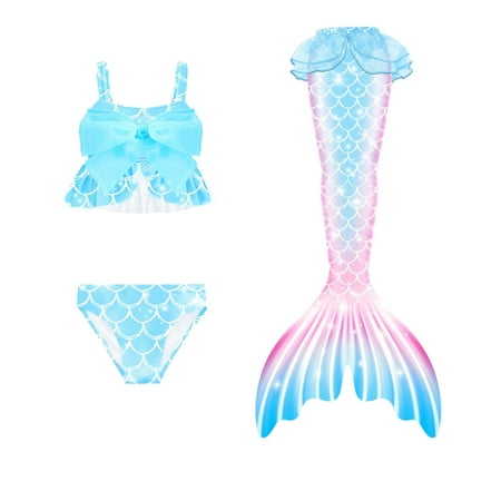 Toimothcn Girls Swimsuits Sleeveless Casual Colorful Fish Scale Printed 3 Piece Tail Bikini Set Quickly Dry Cover Up Swimwear 8-9 Years