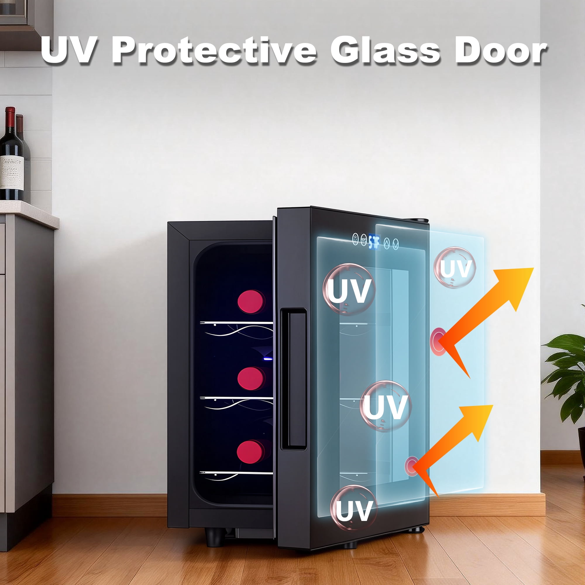IceBlue Portable 6-Bottle Wine Cooler,  Digital Temperature Control(10-18°C) ,LED Screen, Drink refrigerator,, Car and Home Use