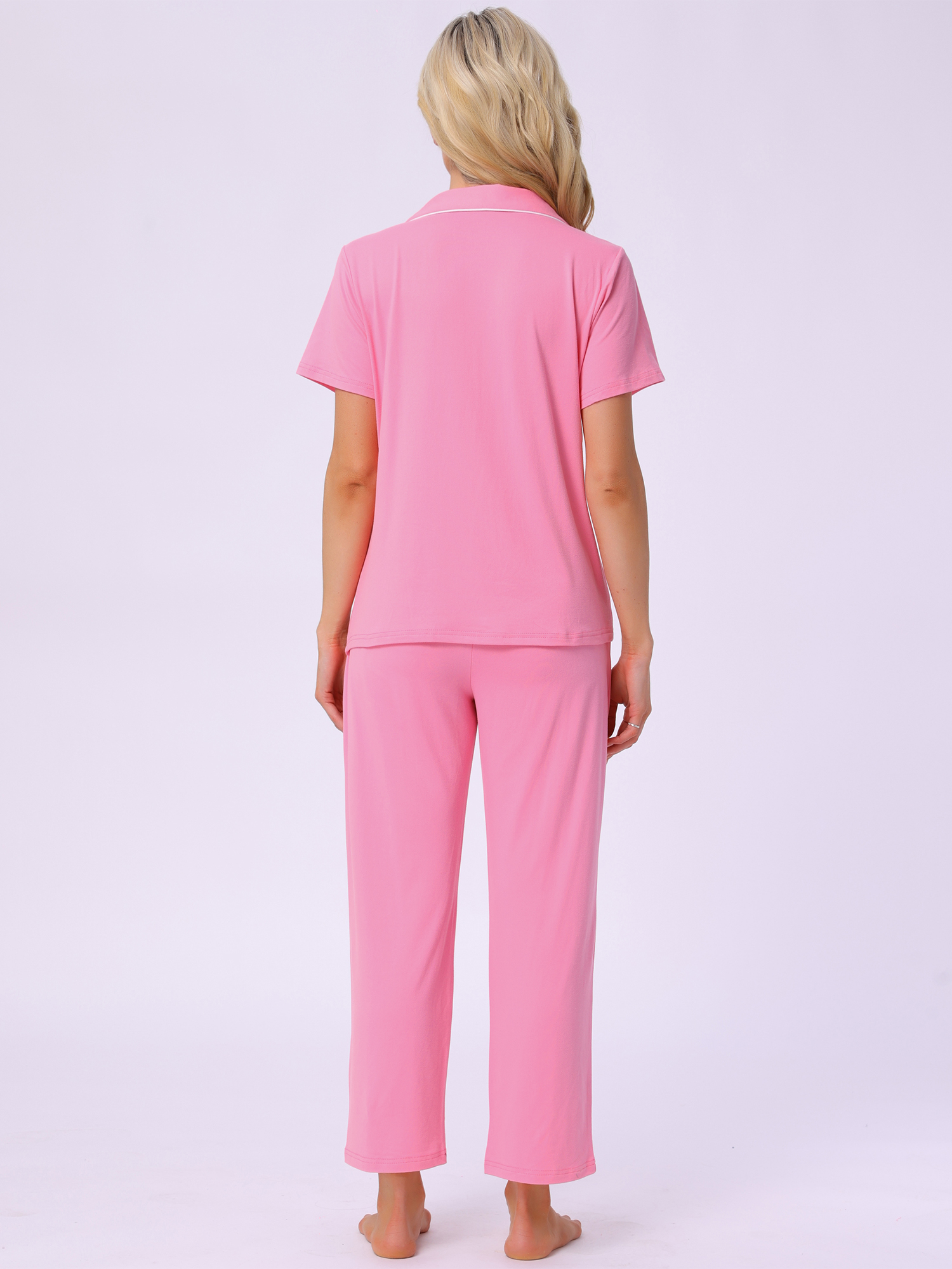 DARING DIVA Women's Pajama Set Button Down Soft Short Sleeve Long Pants M Light Pink