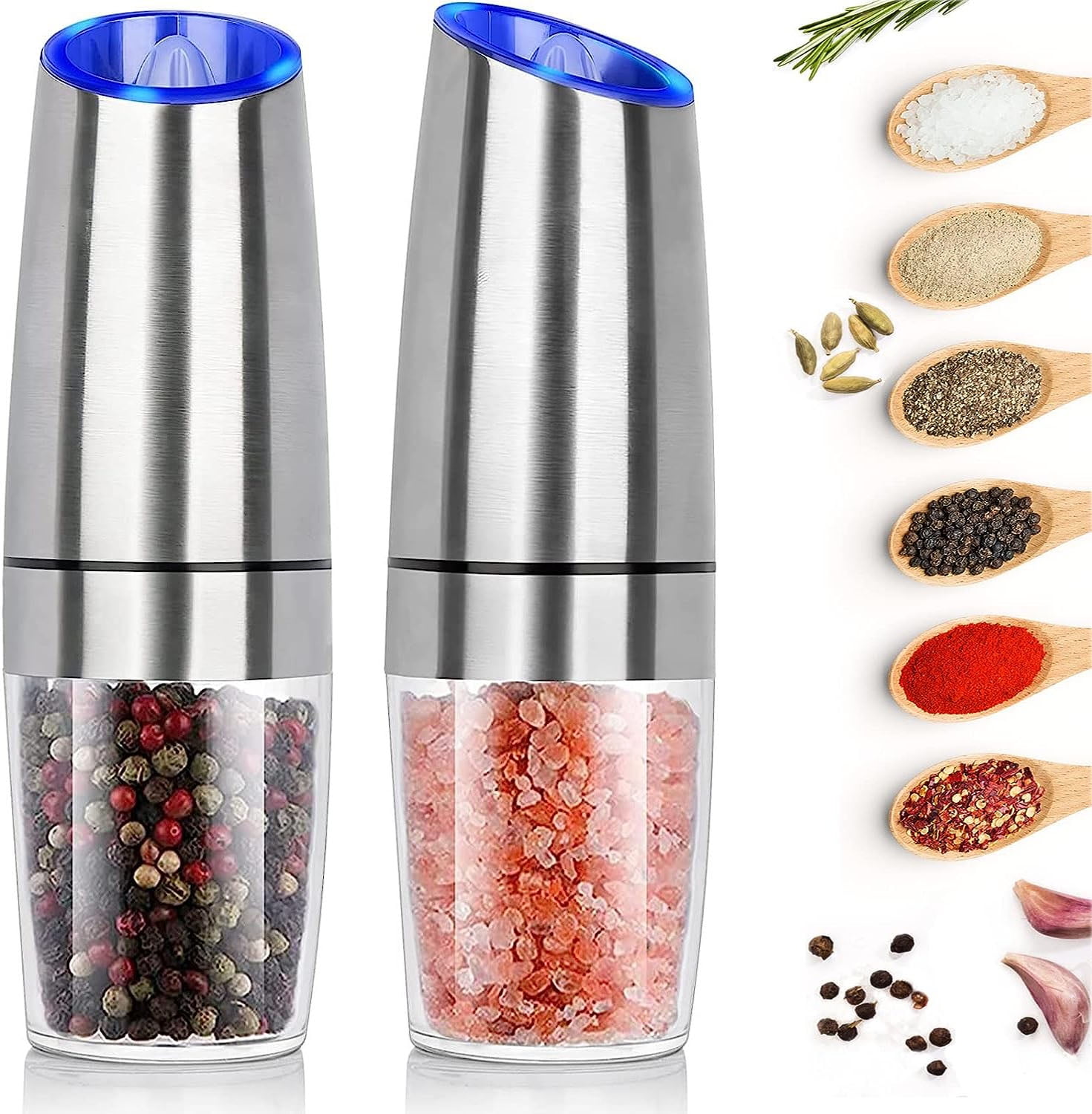 Gravity Electric Pepper and Salt Grinder Set, Adjustable Coarseness Battery Powered with LED Light, 2 pack, Stainless Steel