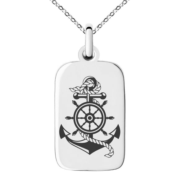 Stainless Steel Nautical Ship Helm & Anchor Engraved Small Rectangle Dog Tag Charm Pendant Necklace