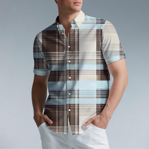 Blusa y camisa de manga corta con cuello vuelto para hombre, camisa informal con botones y estampado a cuadros, de manga corta y solapa.