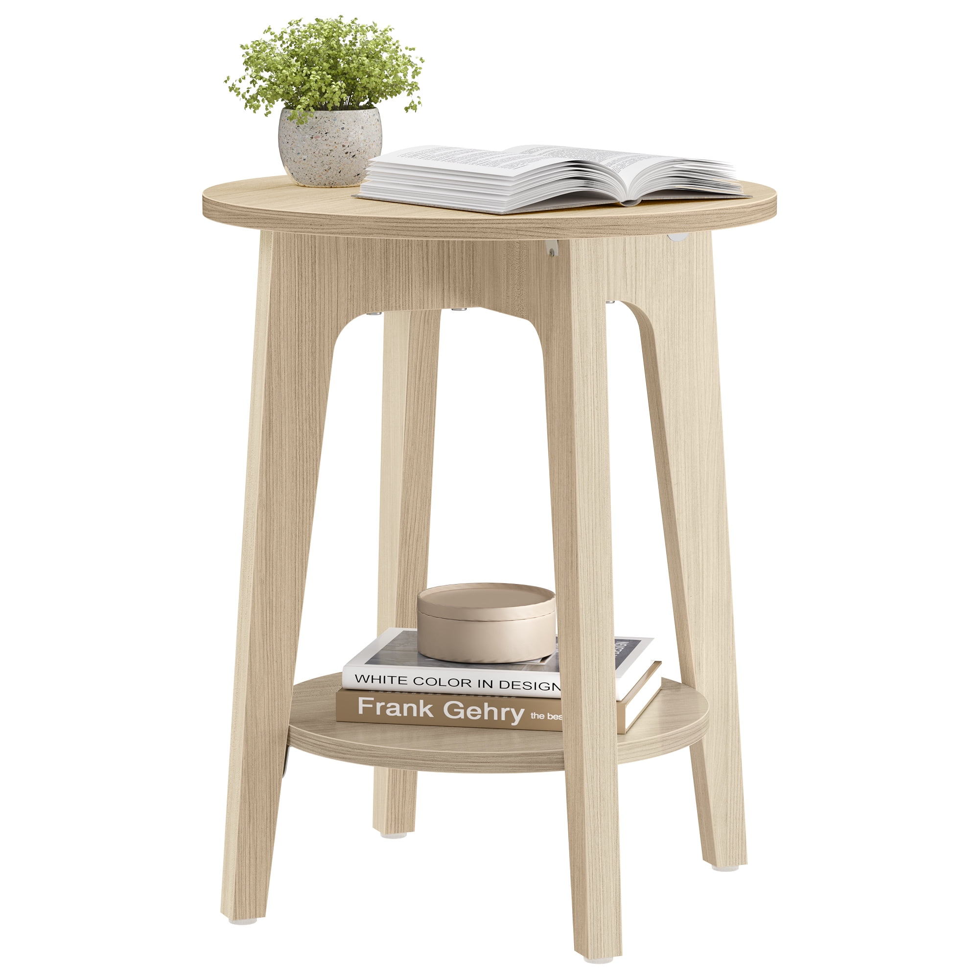 Natural Beige Small Round End Table. Features a Lower Shelf, Perfect as a Nightstand for Small Spaces in Living Rooms or Bedrooms.