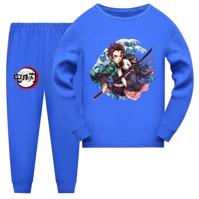 Conjunto de pijamas de dibujos animados para niños y niñas, ropa de dormir informal de manga larga, con diseño de Demon Slayer, para primavera