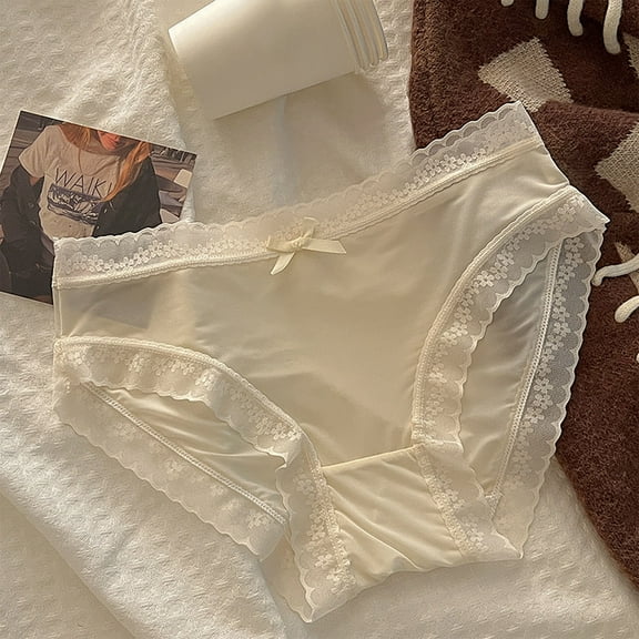 Gapacks Comfortable Women's Daily Panties, Beige Size M - Nylon Spandex Blend with Lace Trim & Bow, Stylish Underwear for Women