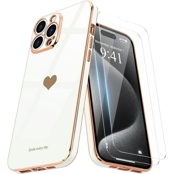 Love-Heart Luxury Case for Apple iPhone 15 Pro Max Heart Case, Cute Design Shiny Bling Cover, 3 in 1 Bundle Case with 2 PACK Clear Tempered Glass for Apple iPhone 15 Pro Max for Women Girls, White