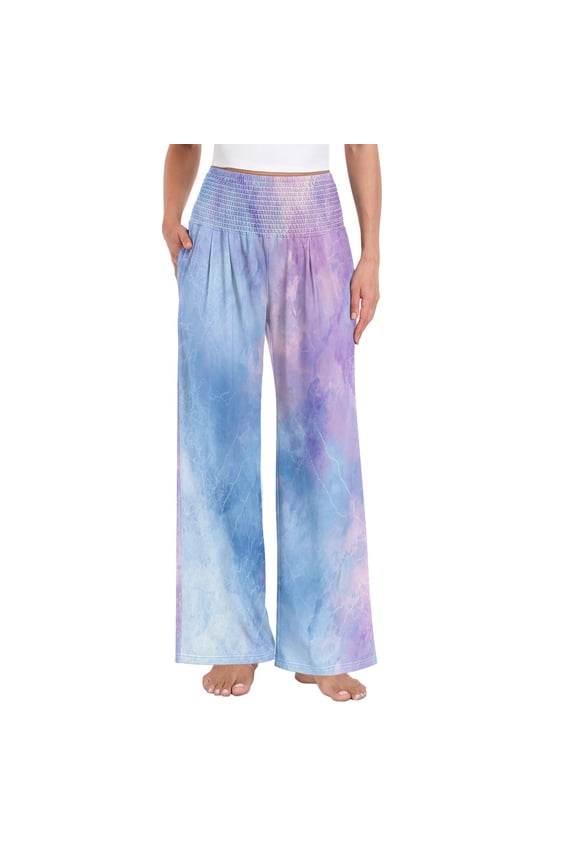 Women's High Waisted Wide Leg Pants Casual Summer Trousers with Pockets Smocked Waist Soft Breathable Lounge Pants for Home Yoga Travel Shopping S-XXL Pastel Marble with Crackle Texture