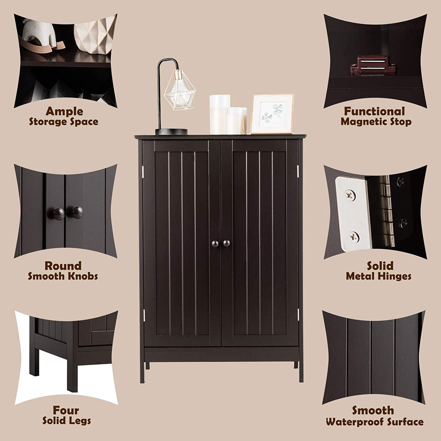 Giantex Bathroom Floor Cabinet, Wooden Freestanding Storage Cabinet with Double Doors, Suitable for Bathroom, Living Room, Bedroom, Entryway