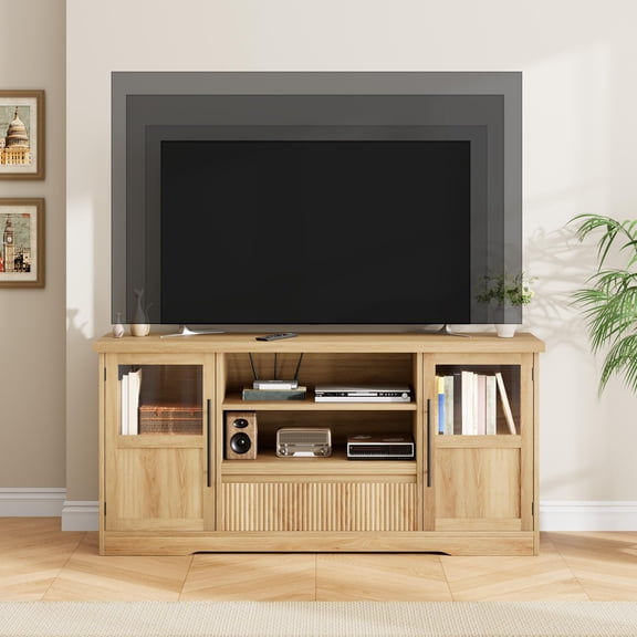 Luku 72" TV Stand, Farmhouse Entertainment Center with Wave Pattern, 2 Glass Door Cabinets & Open Storage