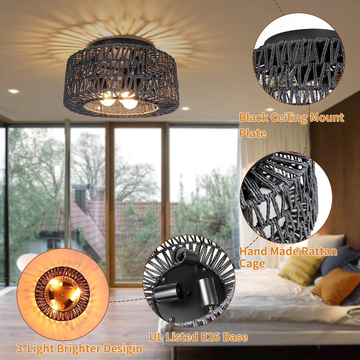 Lohas Led 3-Light Black Rattan Flush Mount Ceiling Light with  Hand-Woven Cage Shade for Hallway Bedroom
