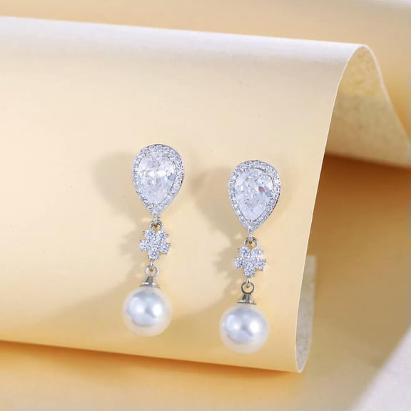 Fashion Brand Silver Plated Cubic Zircon Women Water Drop Pearl Dangle Earrings