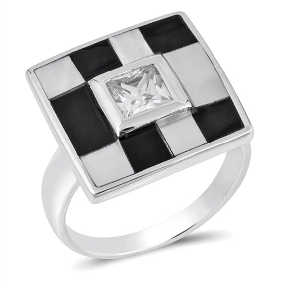 White CZ Checkerboard Grid Solitaire Ring .925 Sterling Silver Band Jewelry Female Size 6