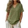 thumbnail image 3 of Summer Cotton and Linen Shirts for Womens Plus Size Casual Tops V-Neck Bandage Short Sleeve T-Shirts And Linen Blouse, 3 of 8