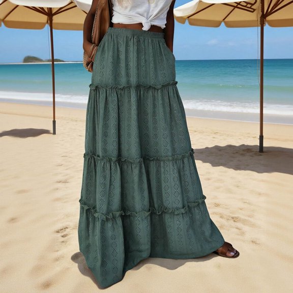 Homenesgenics Women's Dresses Summer Boho Maxi Skirt A-Line Flowy Ruffle Tiered Elastic High Waist Beach Long Skirts With Pockets
