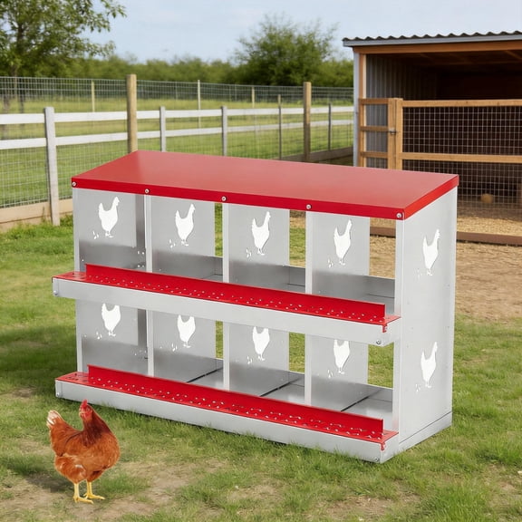 EuKer 8-Compartment Metal Chicken Nesting Box with Removable Tray and Ventilation Holes for Hens, Chickens, Red