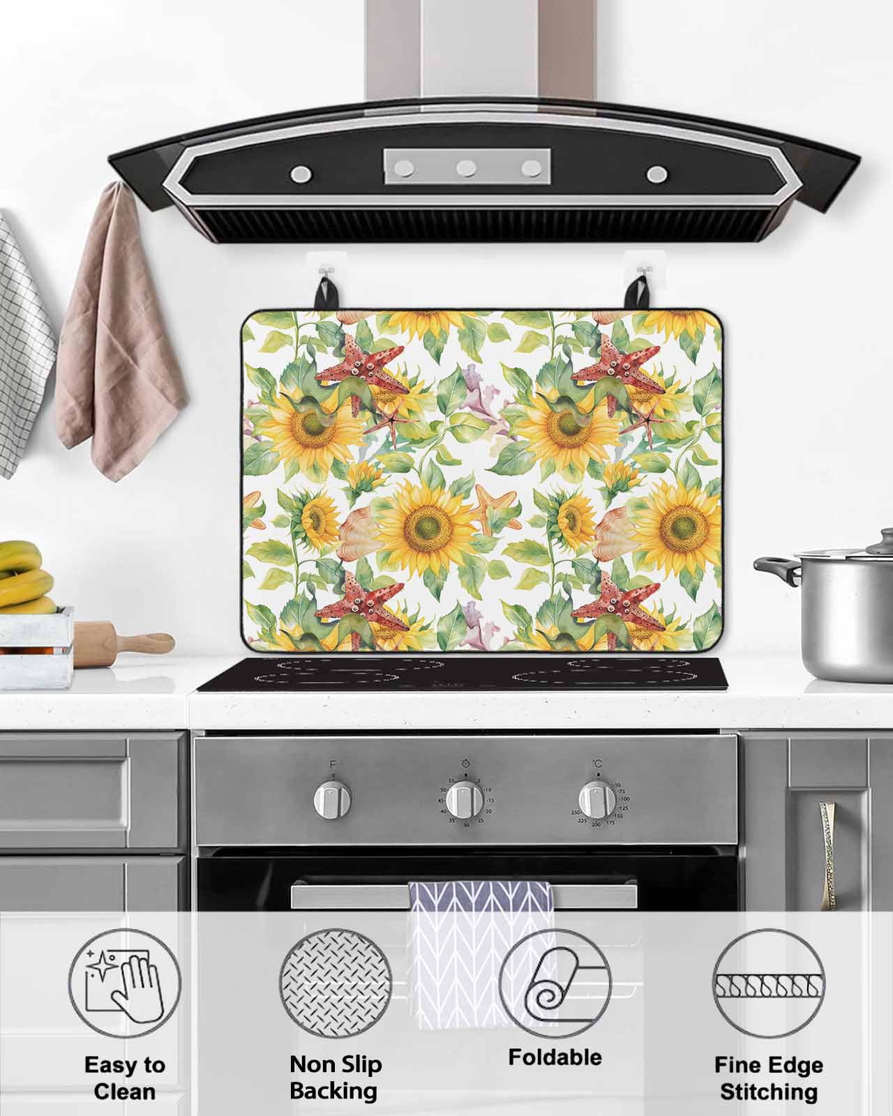 nqOlkjepod Large Induction Cooktop Protector Mat 36"x21", Summer Yellow Sunflower Stove Top Covers for Electric Stove, Green Leaves Starfish Country Stove Burner Cover Mats, Glass Top Stove Cover