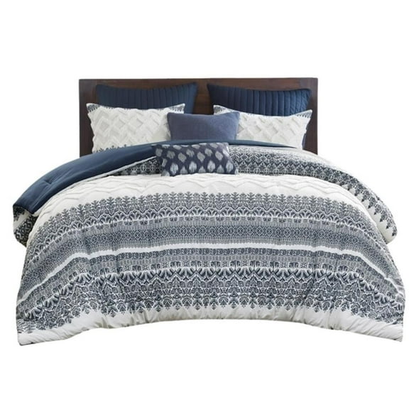 Pemberly Row 3-Piece Cotton Printed Comforter Set with Chenille in Navy