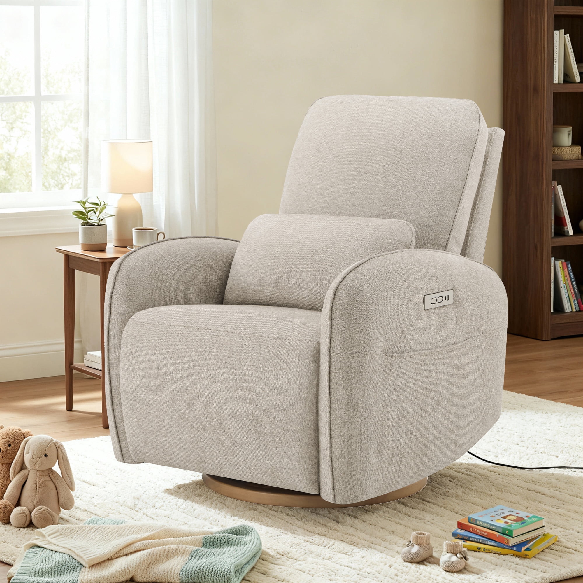 Spruce & Spring Power Swivel Nursery Glider Recliners with Lumbar Pillow and Charging Port, Khaki