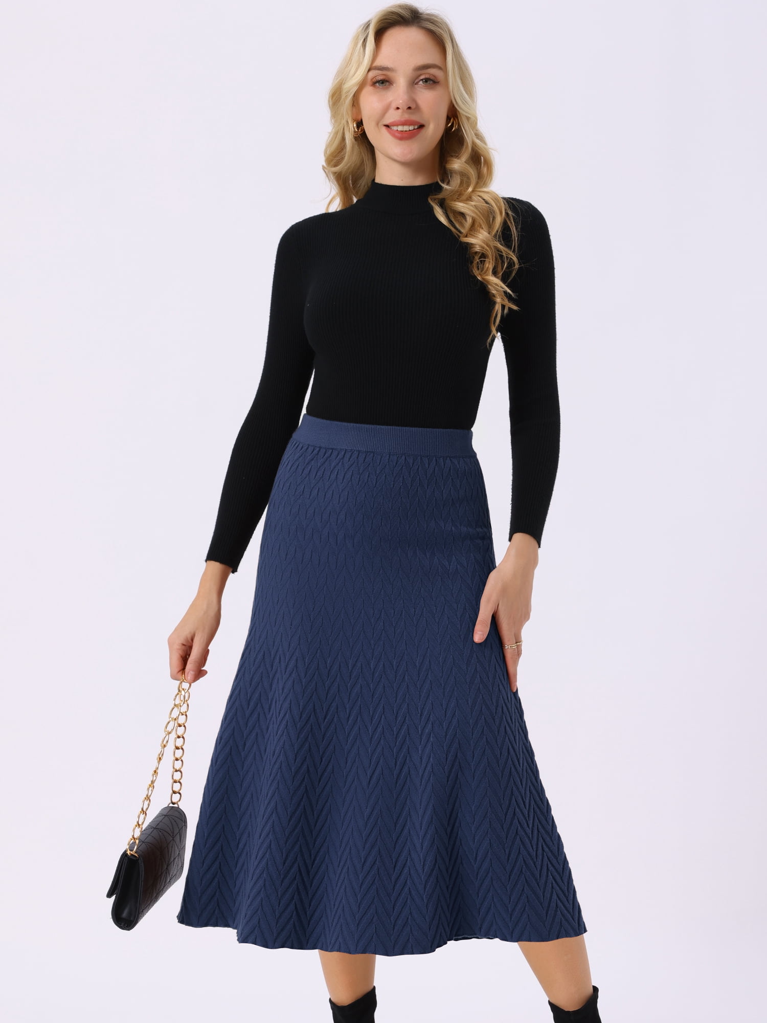 DARING DIVA Women's A-Line Skirts Stretchy Sweater Midi Skirt L Navy Blue