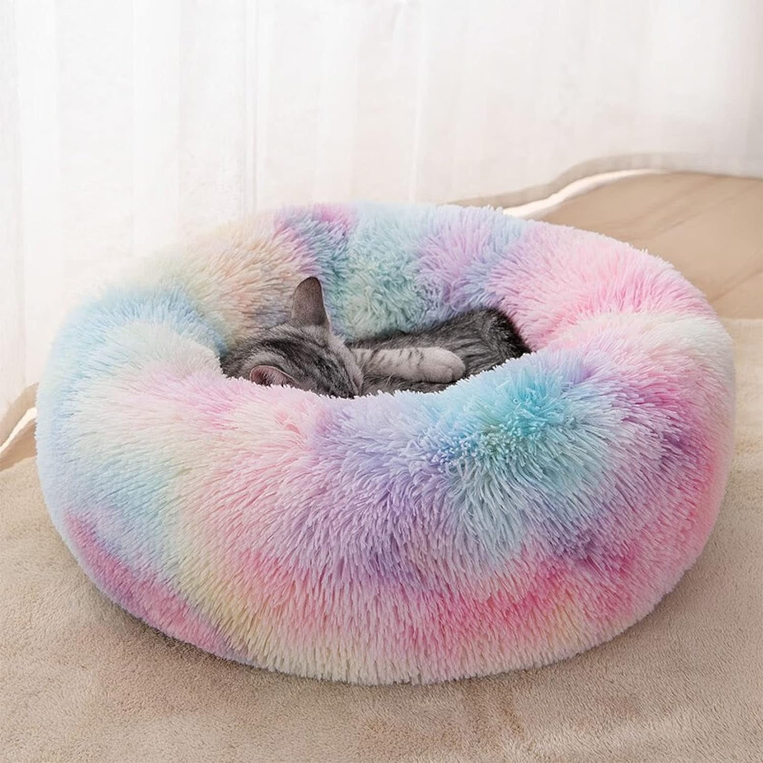 Nisrada 24 inch Calming Donut Dog/Cats Bed Medium Washable, Soft Warm Cozy Plush Round Fluffy Pet Bed, Rainbow