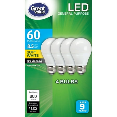 Great Value LED Light Bulb, 8.5W (60W Equivalent), A19 Lamp E26 Medium Base, Non-Dimmable, Soft White, (Best White Light Bulbs)