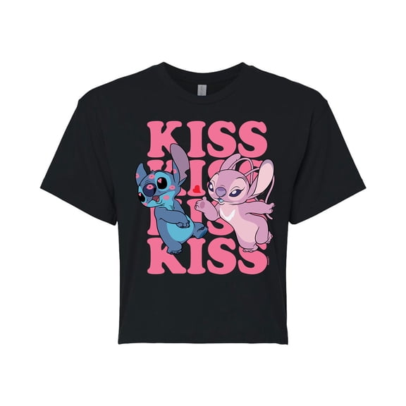 Lilo & Stitch - Valentine's Day Stitch Kiss Repeated - Juniors Cropped Cotton Blend T-Shirt