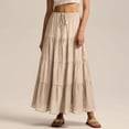 thumbnail image 3 of Women's Cotton Maxi Skirt, High Waist Elastic Lace-Up A-Line Swing Skirt, Bohemian Long Skirt for Beach, Vacation and Summer,Beige,M, 3 of 9
