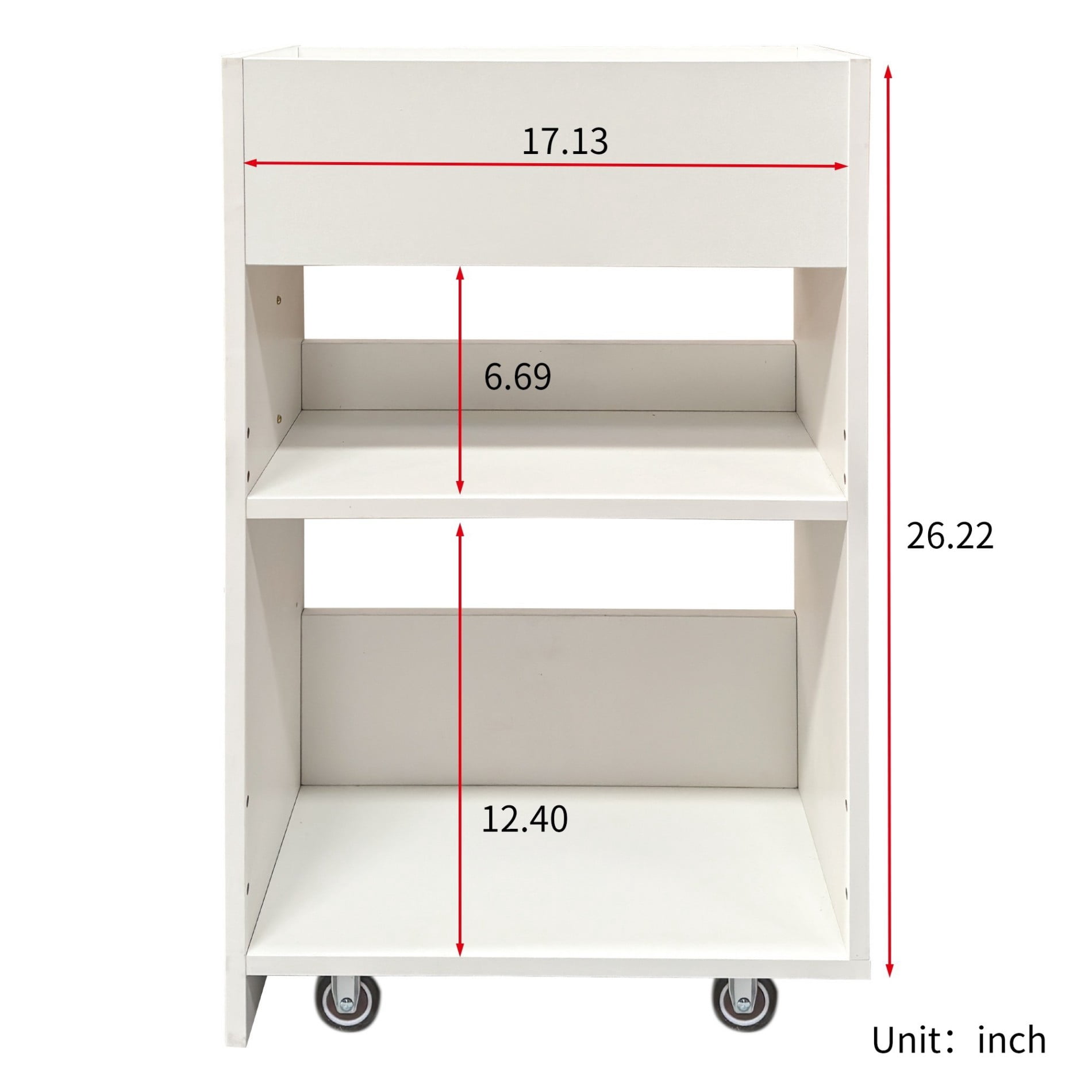 3 Tier Rolling Bookcase with Door, Sliding Drawer Storage Cabinet, Mobile Wooden Bookshelf Organizer with Wheels for Office, Bedroom, Living Room, Hidden Storage Cabinet, White