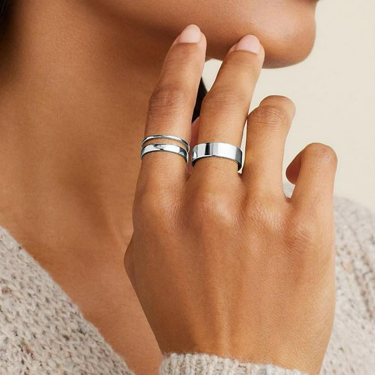 S925 Sterling Silver Rings for Women Men 18K White Gold Plated Stackable Statement Thin Plain Thumb Ring High Polished Wedding Band Ring Comfort Fit Size 4 to 12 1mm 2mm 3mm 4mm