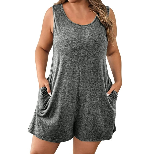 Dealovy Womens Plus Size Jumpsuits Scoop Neck Casual Sleeveless Short Rompers Solid Color Shorts Overalls with Pockets