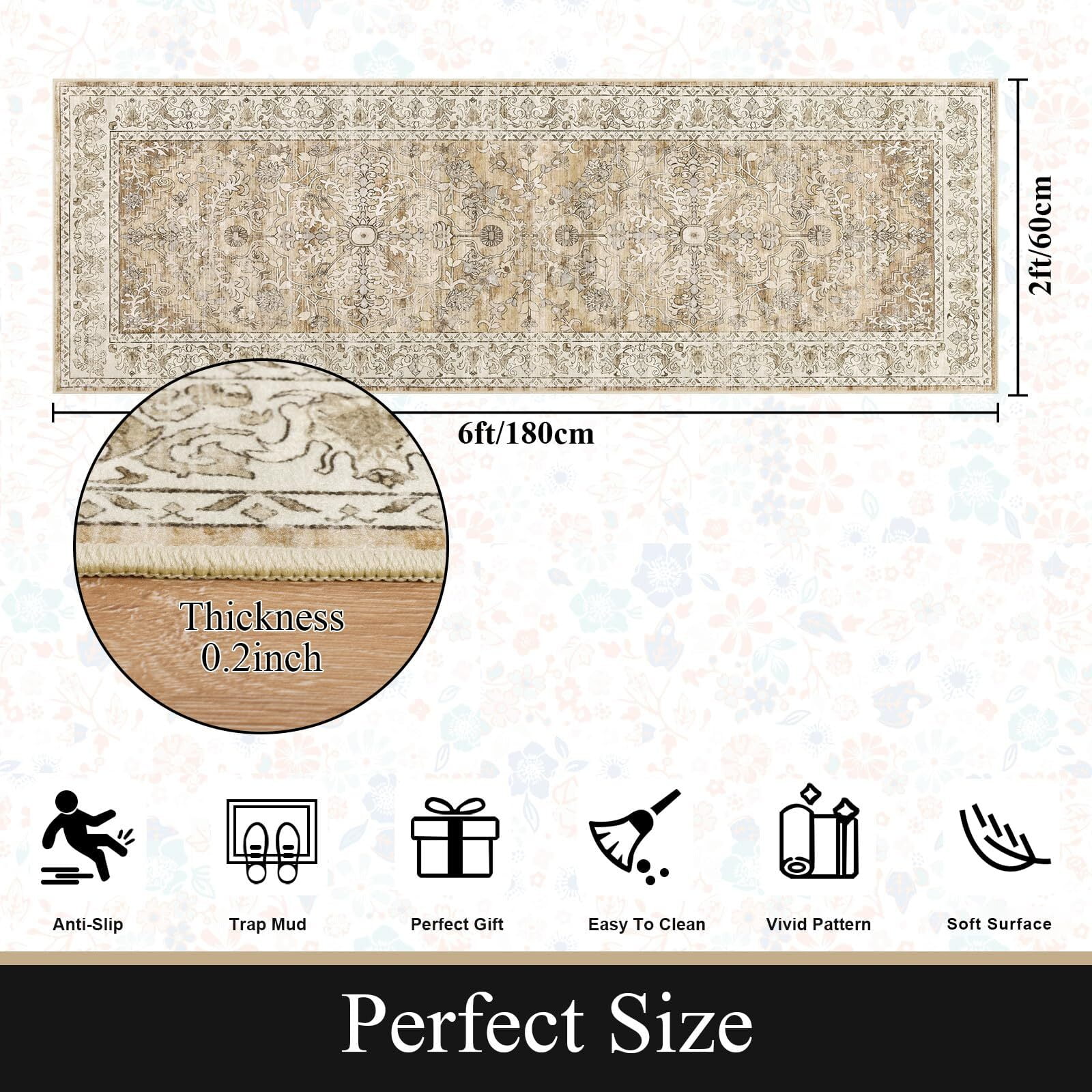 Findosom 2'x6' Vintage Boho Runner Rug Washable Non-slip Area Rug,Hallway Indoor Farmhouse Bedroom Kitchen Living Room Non Shedding Runner, Contemporary Low Plie Floor Carpet Doormat,Brown