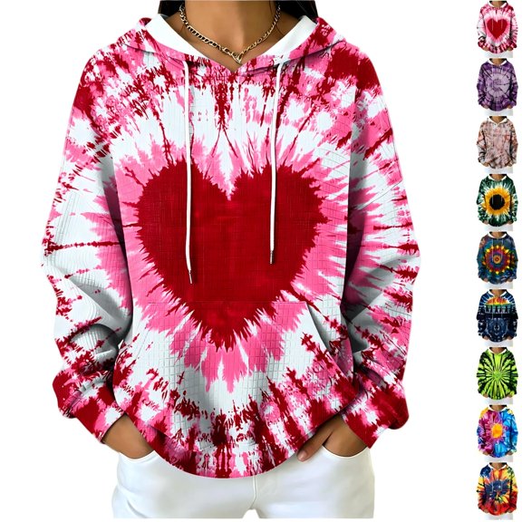 Tqcoqu Women's Tie Dye Waffle Knit Hoodie,Drawstring Hood Long Sleeve Casual Pullover Plus Size Sweatshirt with Kangaroo Pocket