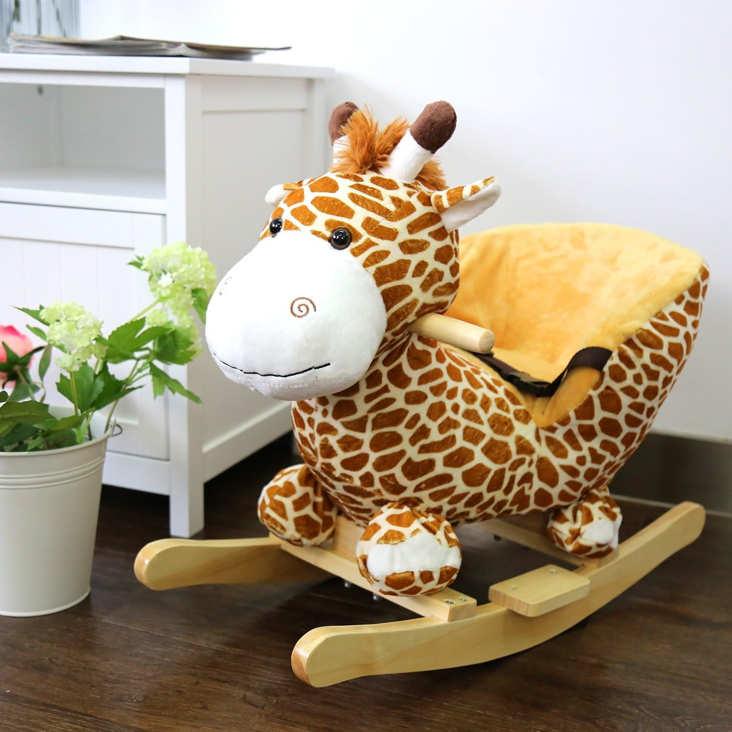 Kinbor Kids Rocking Plush Horse Toy Rocking Giraffe Wooden Ride On Toy with Sound & Seat Belts, Yellow