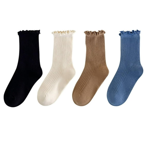 4 Pairs Kids Little Girls Ruffle Socks Stretch Cotton Turn Cuff Dress Socks Casual Solid Color Lightweight Slouch Crew Socks 1-12 Years