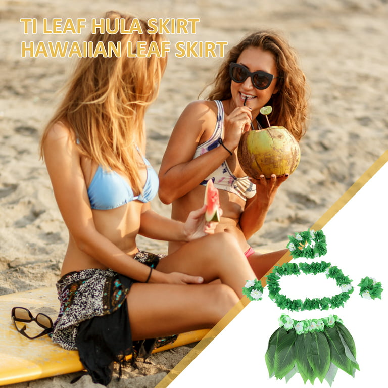 Tinksky 5pcs Hula Skirt Hawaiian Costume Set with Green Leaves